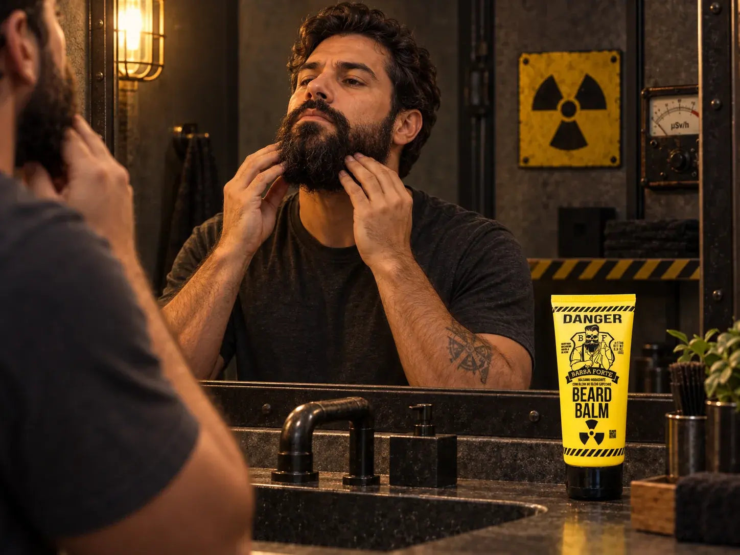 Barbudo aplicando cuidado na barba com Balm Danger ao lado