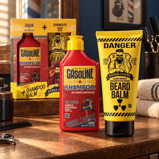 Combo Gasoline + Beard Balm Danger em ambiente de cuidado Barba Forte