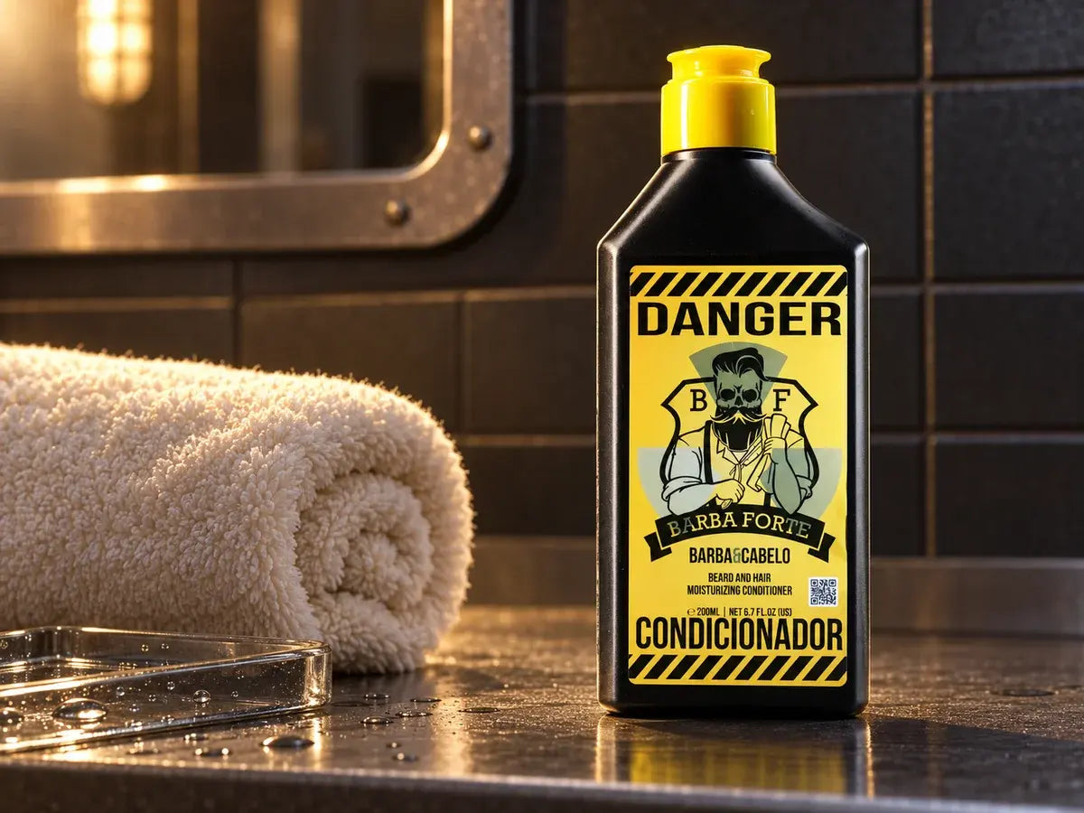 Condicionador Danger 200ml ao lado de toalha e água sobre bancada industrial