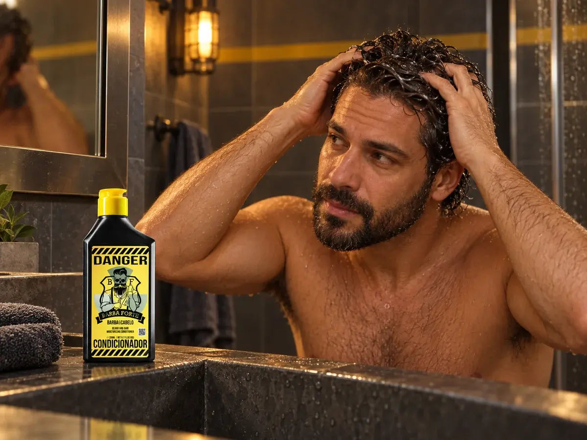 Homem aplicando condicionador no cabelo úmido