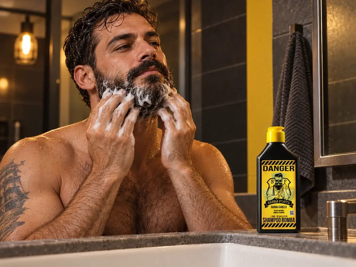 Homem lavando a barba com Shampoo Bomba Danger