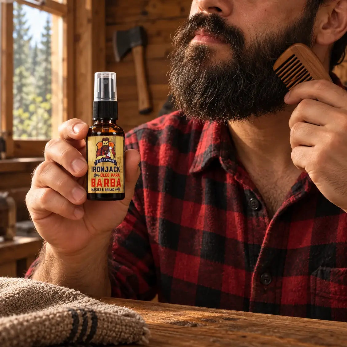 Óleo para Barba IronJack 30ml integrado à cena da cabana IronJack