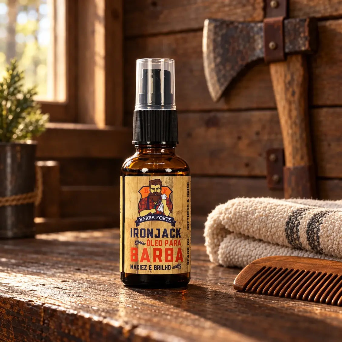 Óleo para Barba IronJack 30ml integrado à cena da cabana IronJack
