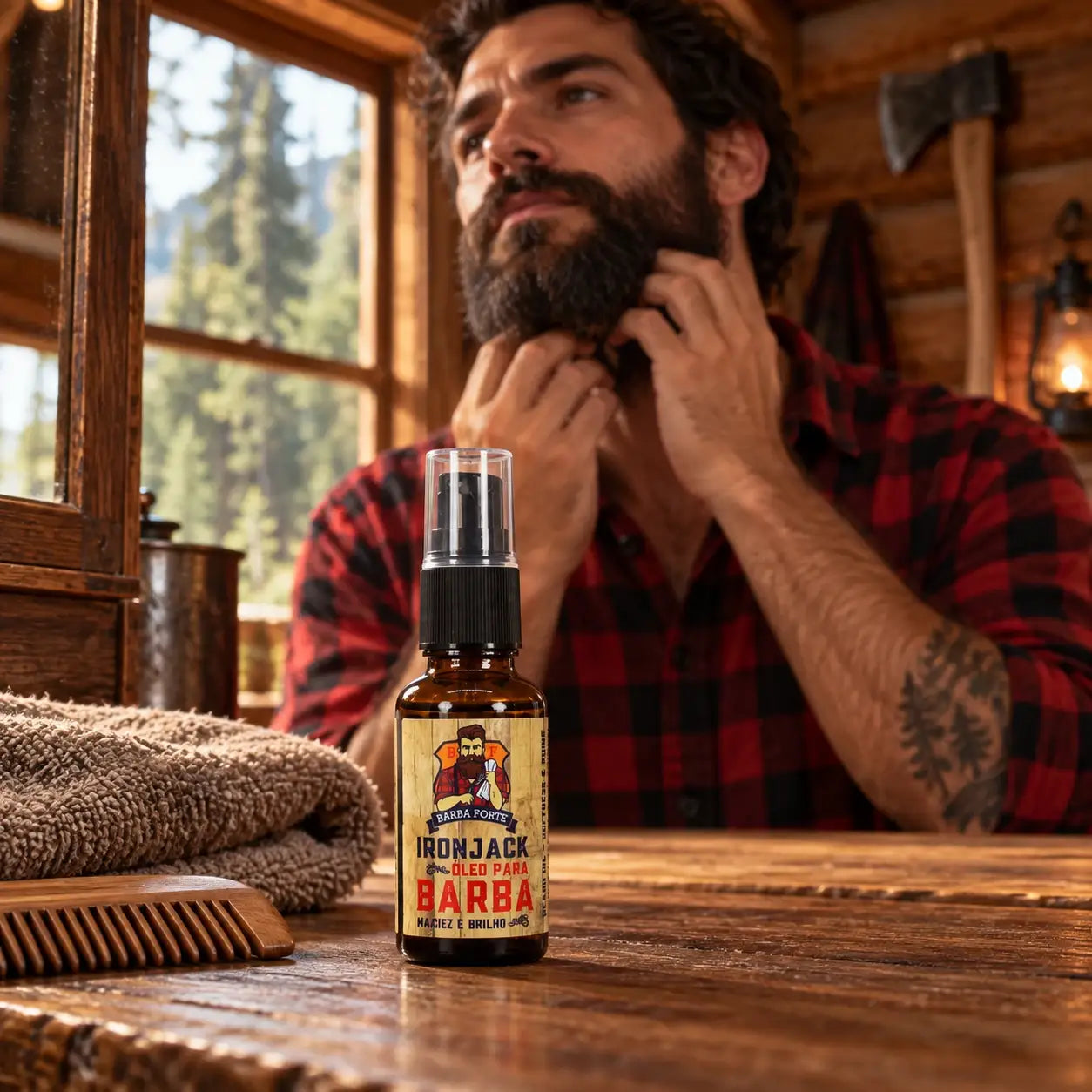 Óleo para Barba IronJack 30ml integrado à cena da cabana IronJack