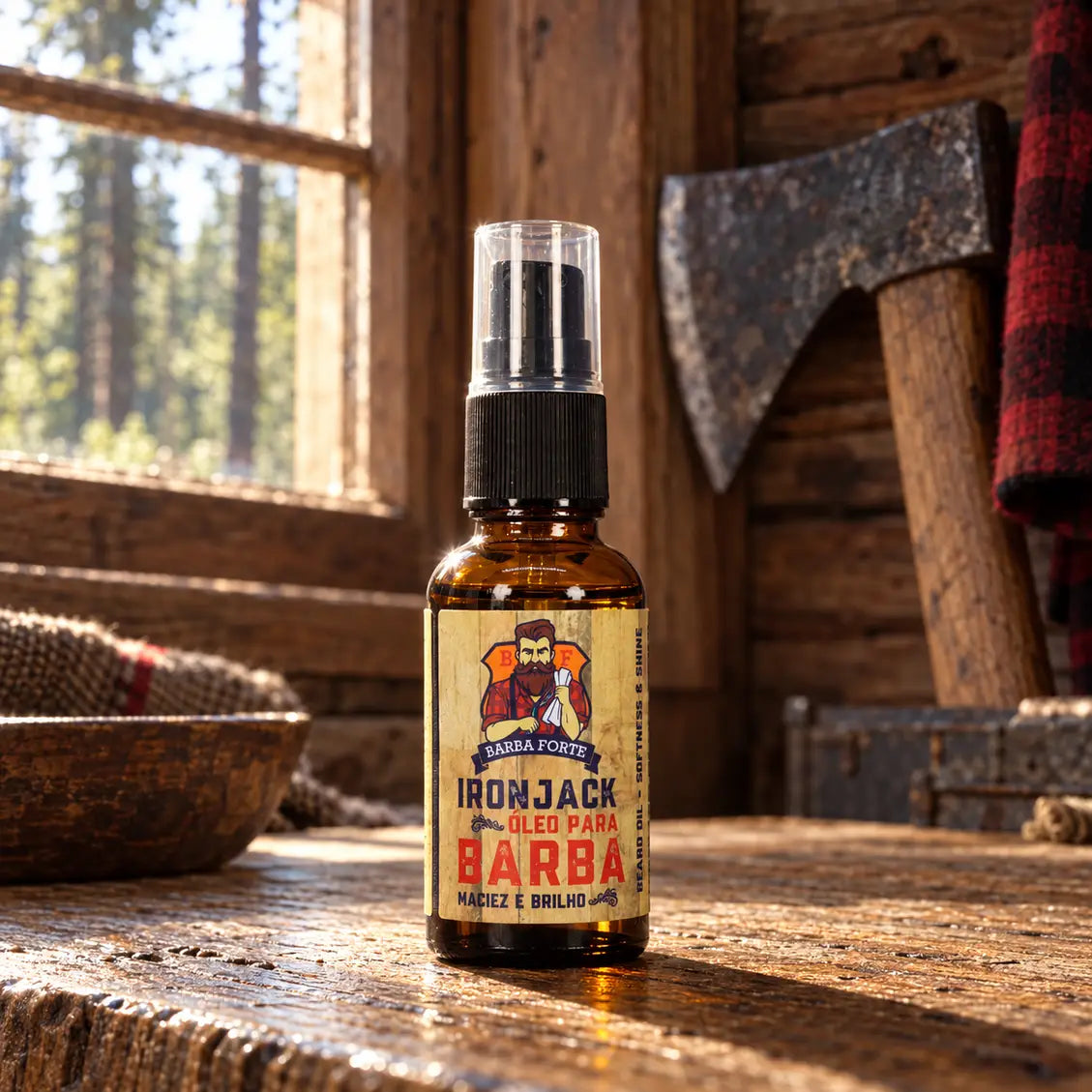 Óleo para Barba IronJack 30ml na bancada da cabana, com machado ao fundo