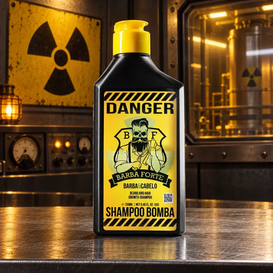 Shampoo Bomba Danger 250ml em cenário industrial do universo Danger