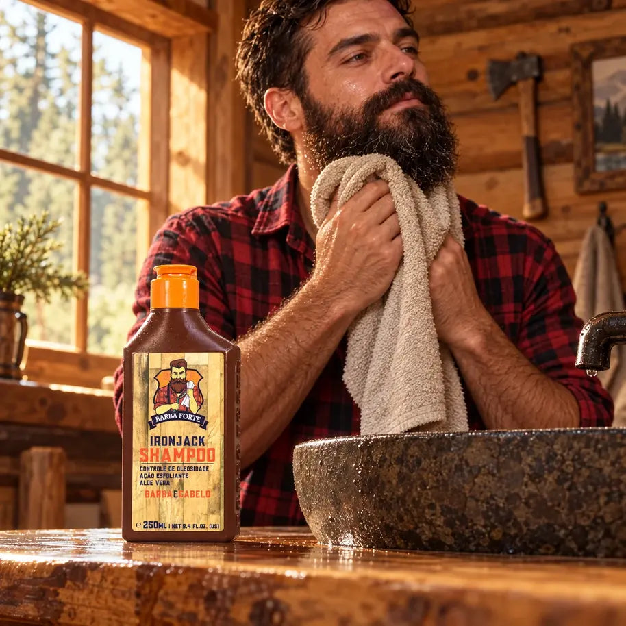 Shampoo IronJack 250ml integrado à cena da cabana IronJack