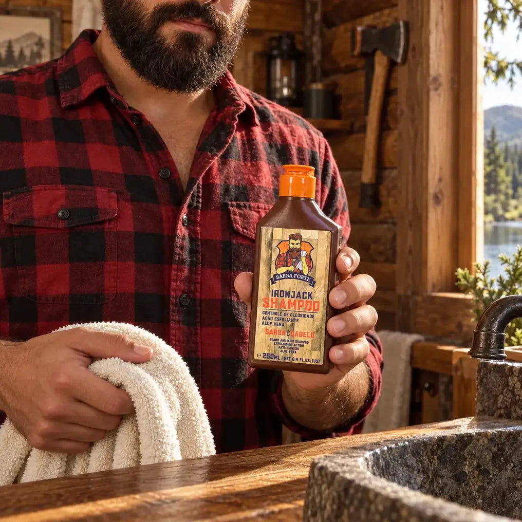 Shampoo IronJack 250ml integrado à cena da cabana IronJack