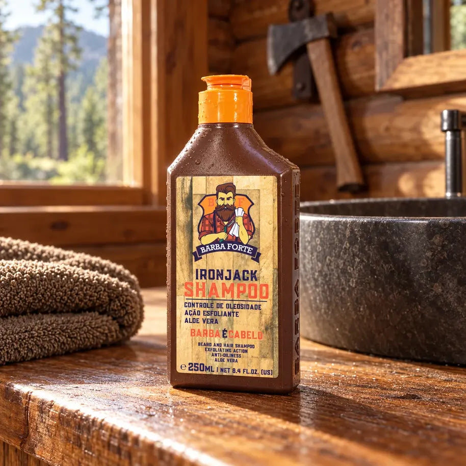 Shampoo IronJack 250ml integrado à cena da cabana IronJack