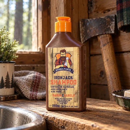 Shampoo IronJack 250ml na bancada da cabana, com machado ao fundo