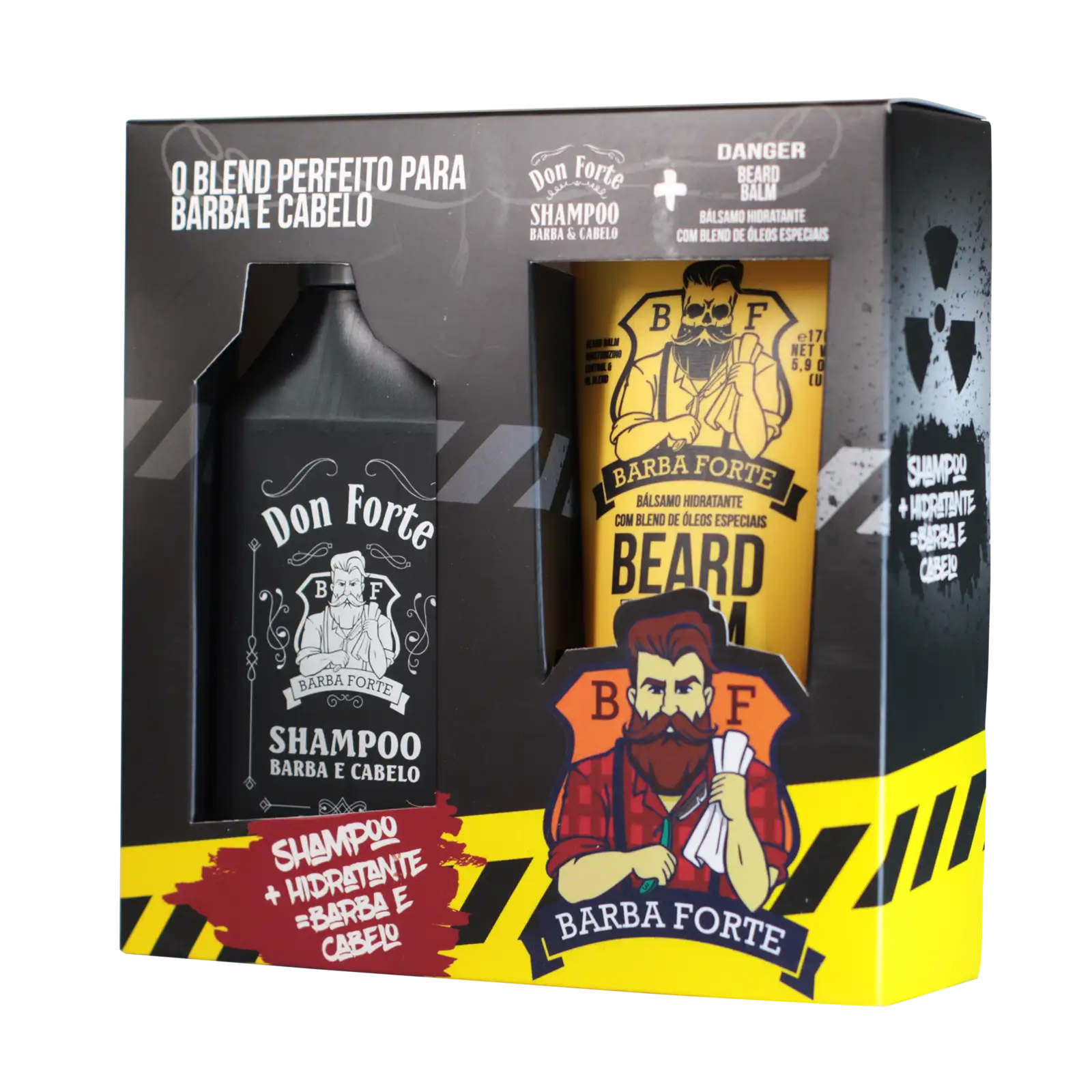 Caixa do combo Beard Balm Danger e Shampoo Don Forte Barba Forte, vista em ângulo
