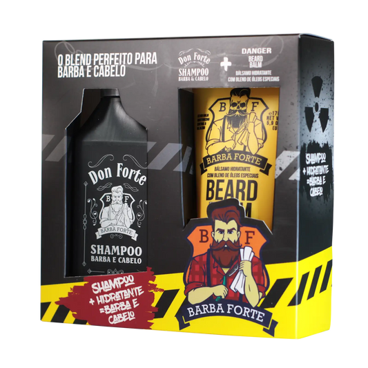 Caixa do combo Beard Balm Danger e Shampoo Don Forte Barba Forte, vista em ângulo