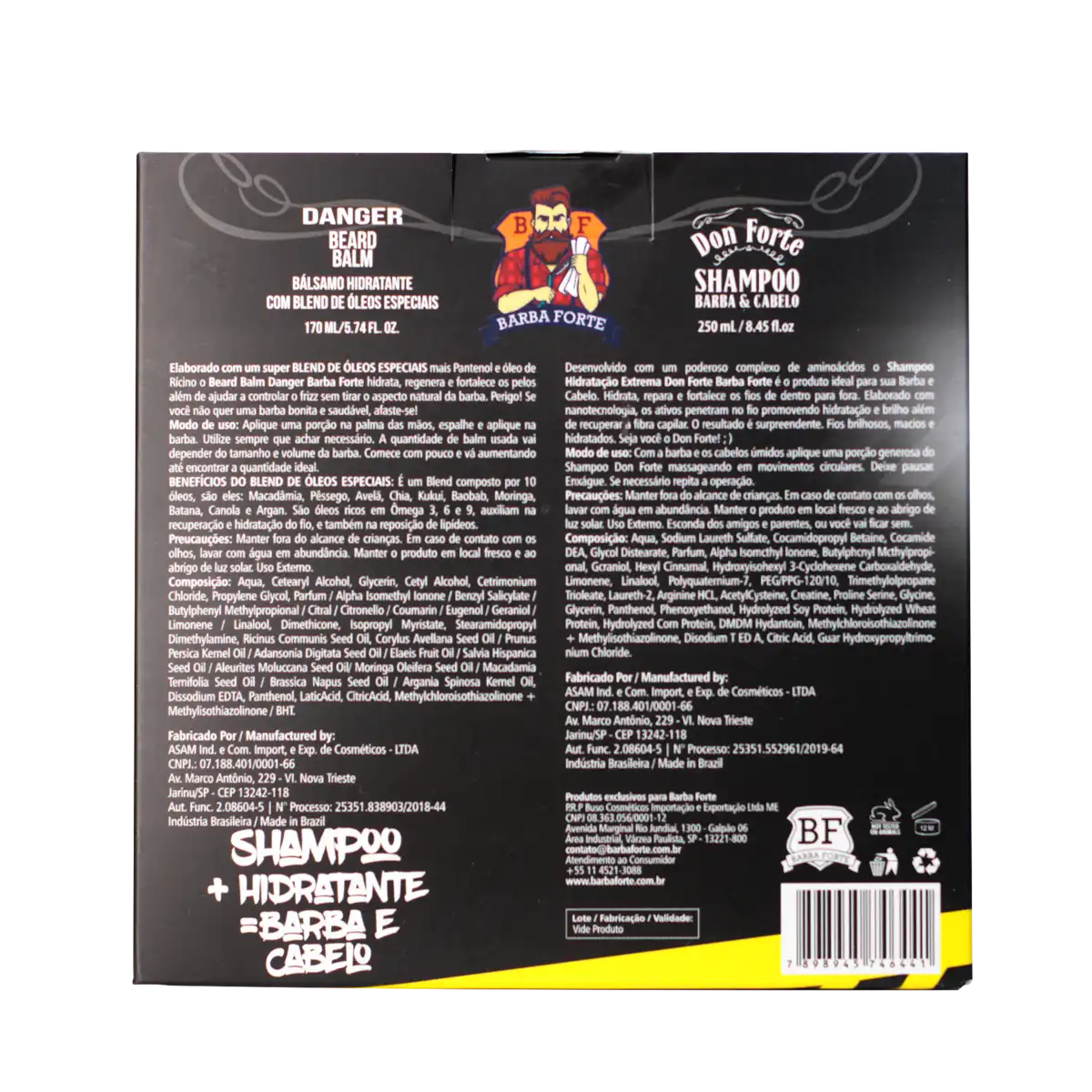 Verso da caixa do combo Beard Balm Danger e Shampoo Don Forte Barba Forte com modo de uso e composição