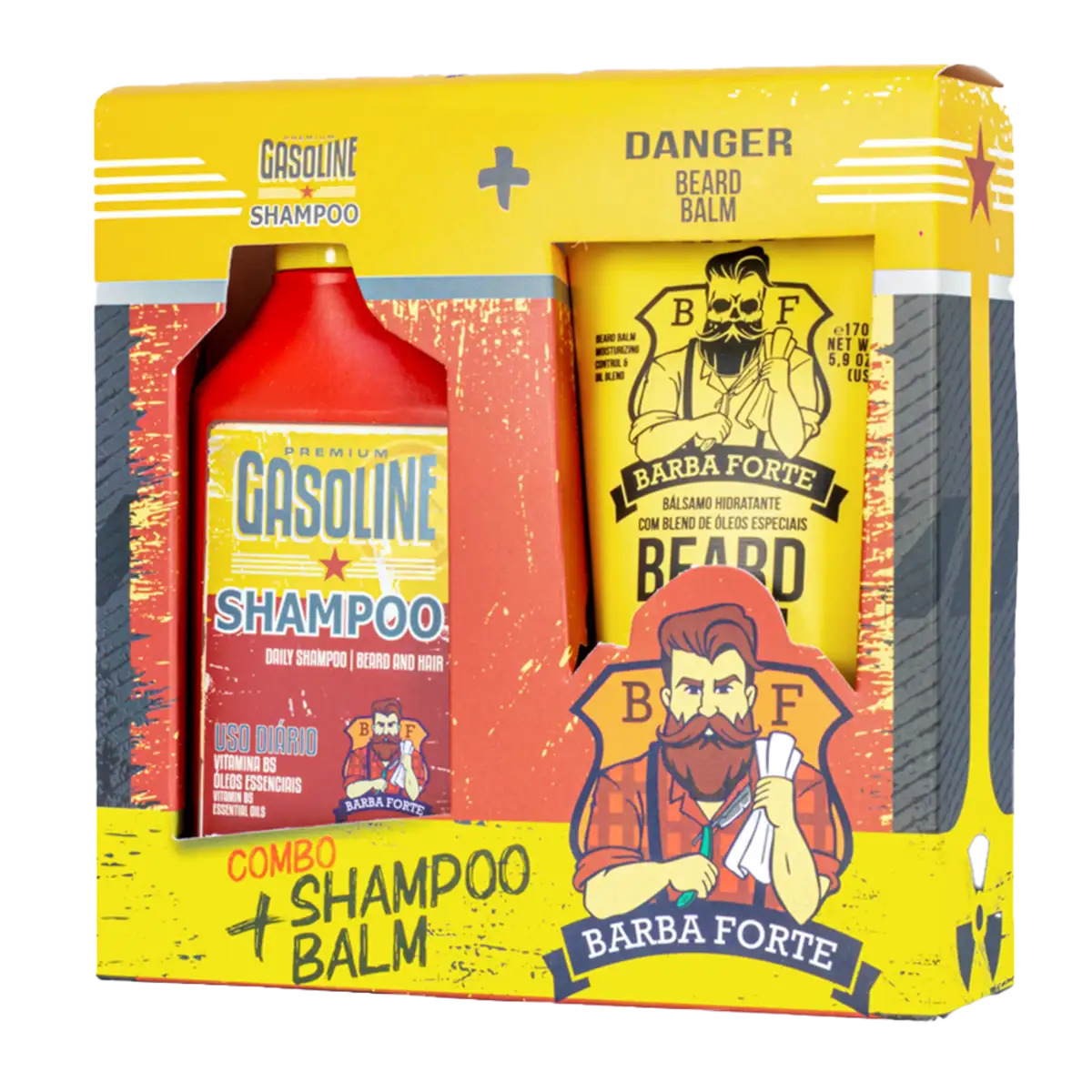 Caixa do combo Shampoo Gasoline e Beard Balm Danger Barba Forte, vista em ângulo