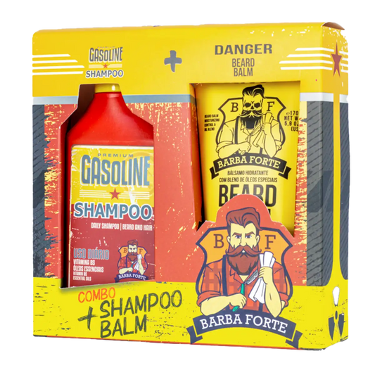 Caixa do combo Shampoo Gasoline e Beard Balm Danger Barba Forte, vista em ângulo