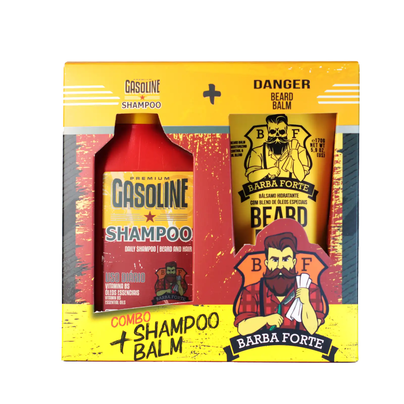 Caixa do combo Shampoo Gasoline e Beard Balm Danger Barba Forte