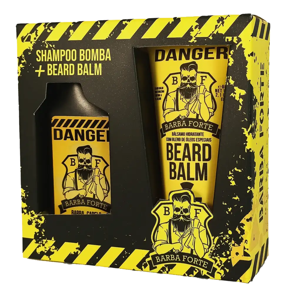 Caixa do mini combo Danger, Shampoo Bomba e Beard Balm Barba Forte, vista em ângulo