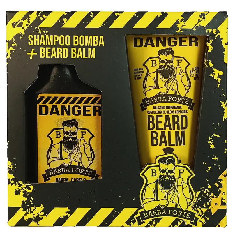 Caixa do mini combo Danger, Shampoo Bomba e Beard Balm Barba Forte