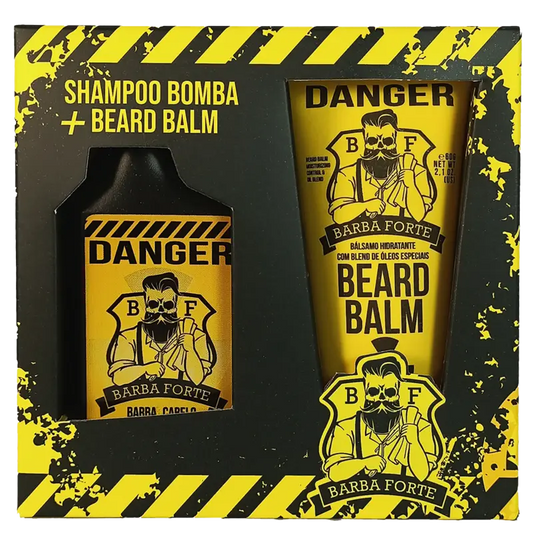 Caixa do mini combo Danger, Shampoo Bomba e Beard Balm Barba Forte