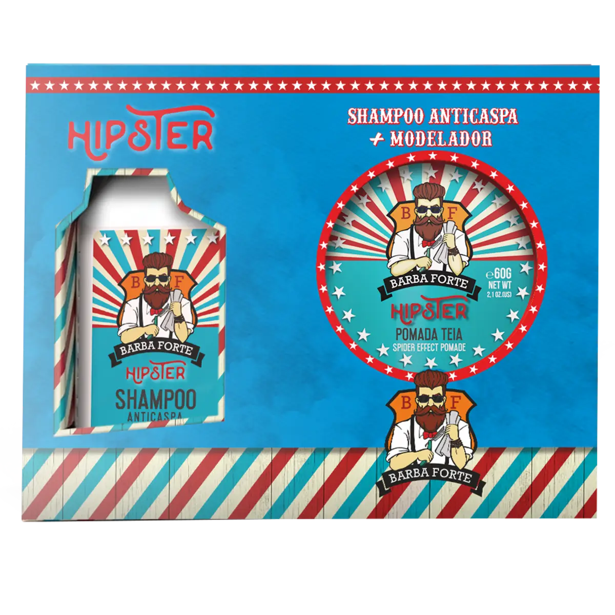 Caixa do mini combo Hipster, Shampoo Anticaspa e Pomada Teia Barba Forte, vista em ângulo