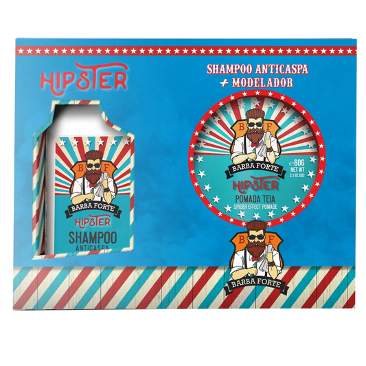 Caixa do mini combo Hipster, Shampoo Anticaspa e Pomada Teia Barba Forte, vista em ângulo