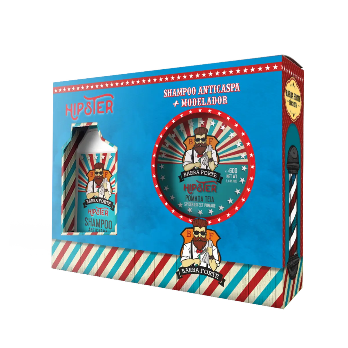 Caixa do mini combo Hipster, Shampoo Anticaspa e Pomada Teia Barba Forte