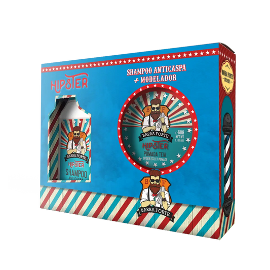 Caixa do mini combo Hipster, Shampoo Anticaspa e Pomada Teia Barba Forte