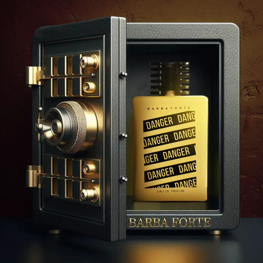 Eau de Parfum Danger Barba Forte em cofre industrial, conceito visual da linha Danger