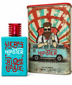 Eau de Parfum Hipster Barba Forte com frasco turquesa e lata de apresentação em fundo branco