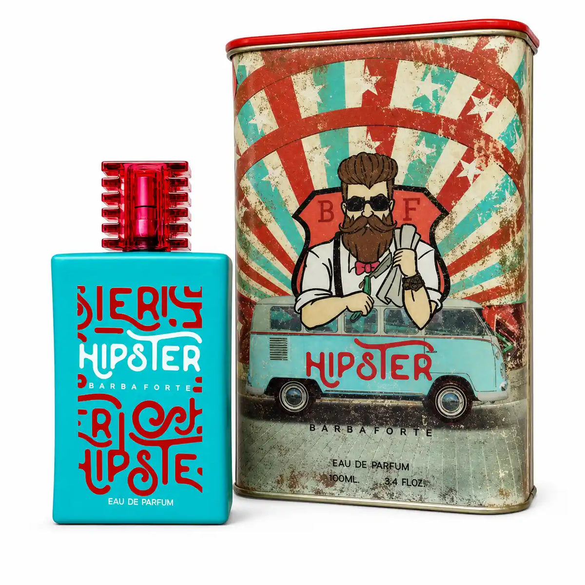 Eau de Parfum Hipster Barba Forte com frasco turquesa e lata de apresentação em fundo branco
