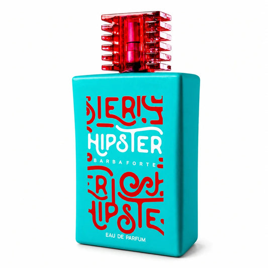 Perfume masculino Eau de Parfum Hipster Barba Forte, frasco turquesa com tampa vermelha em fundo branco